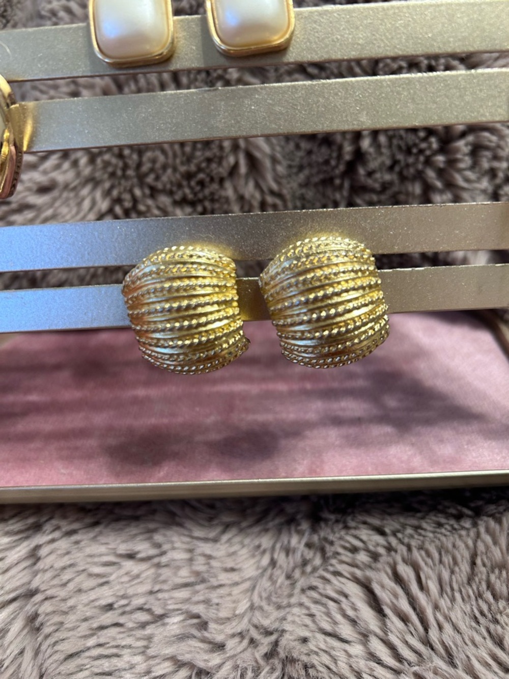 Vintage Givenchy Gold Ribbed Dome Clip-On Earrings - Picture 2 of 4